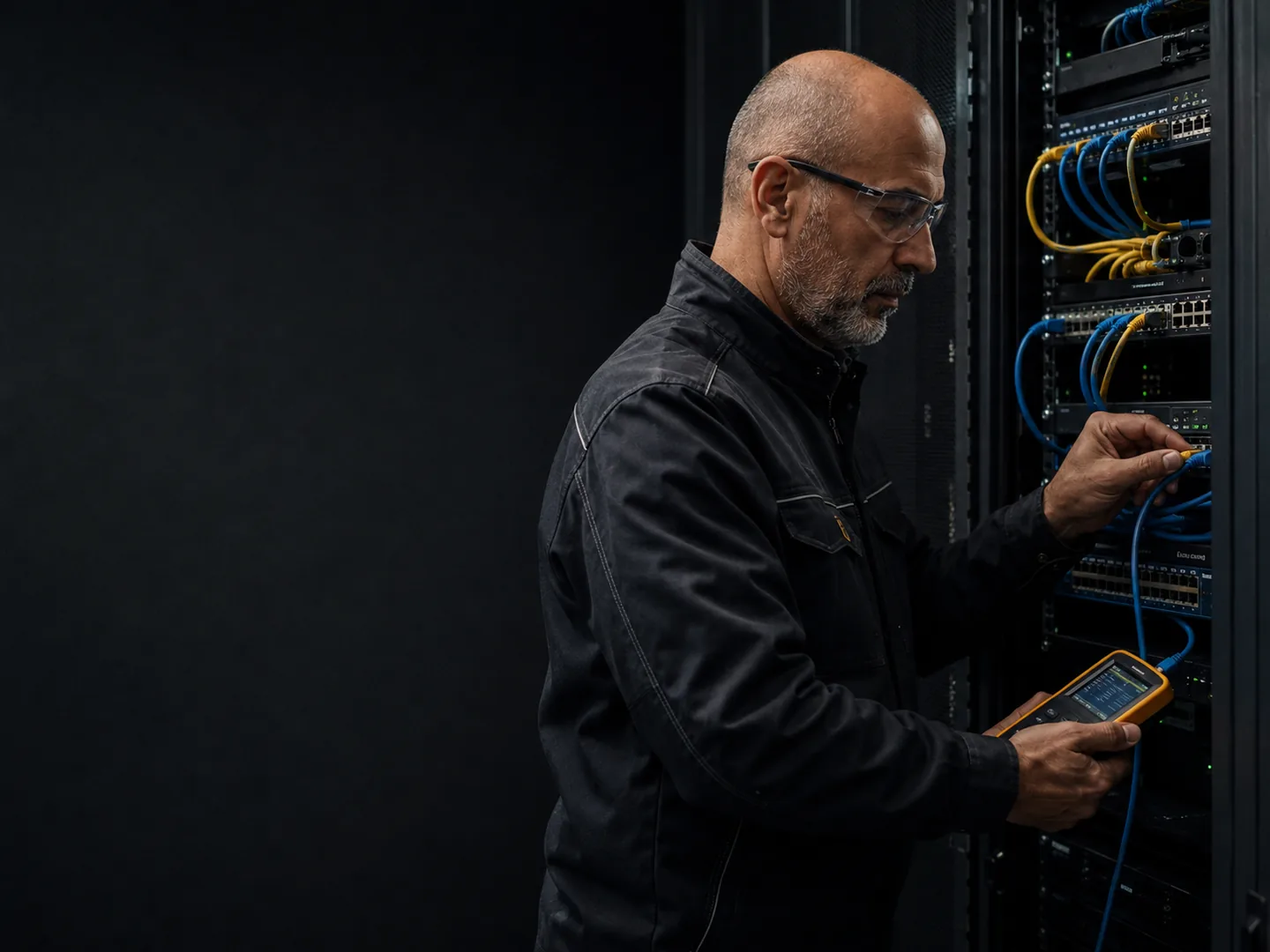 Rack kabinde network bağlantılarını test eden teknisyen