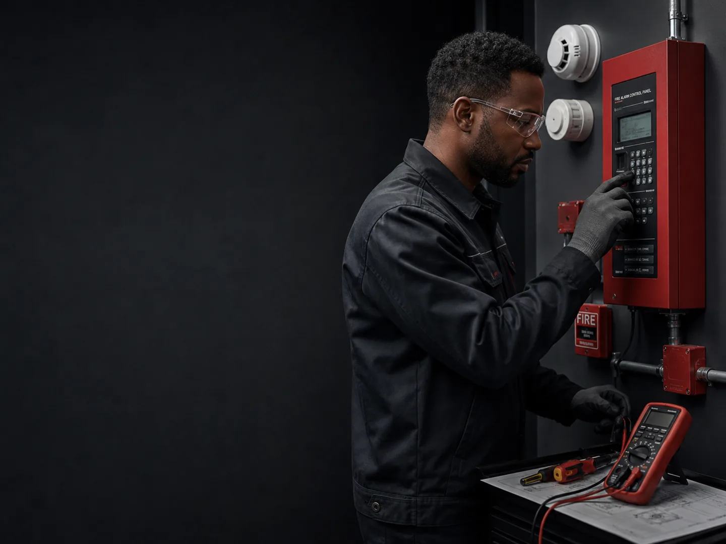 Yangın alarm kontrol panelini test eden teknisyen